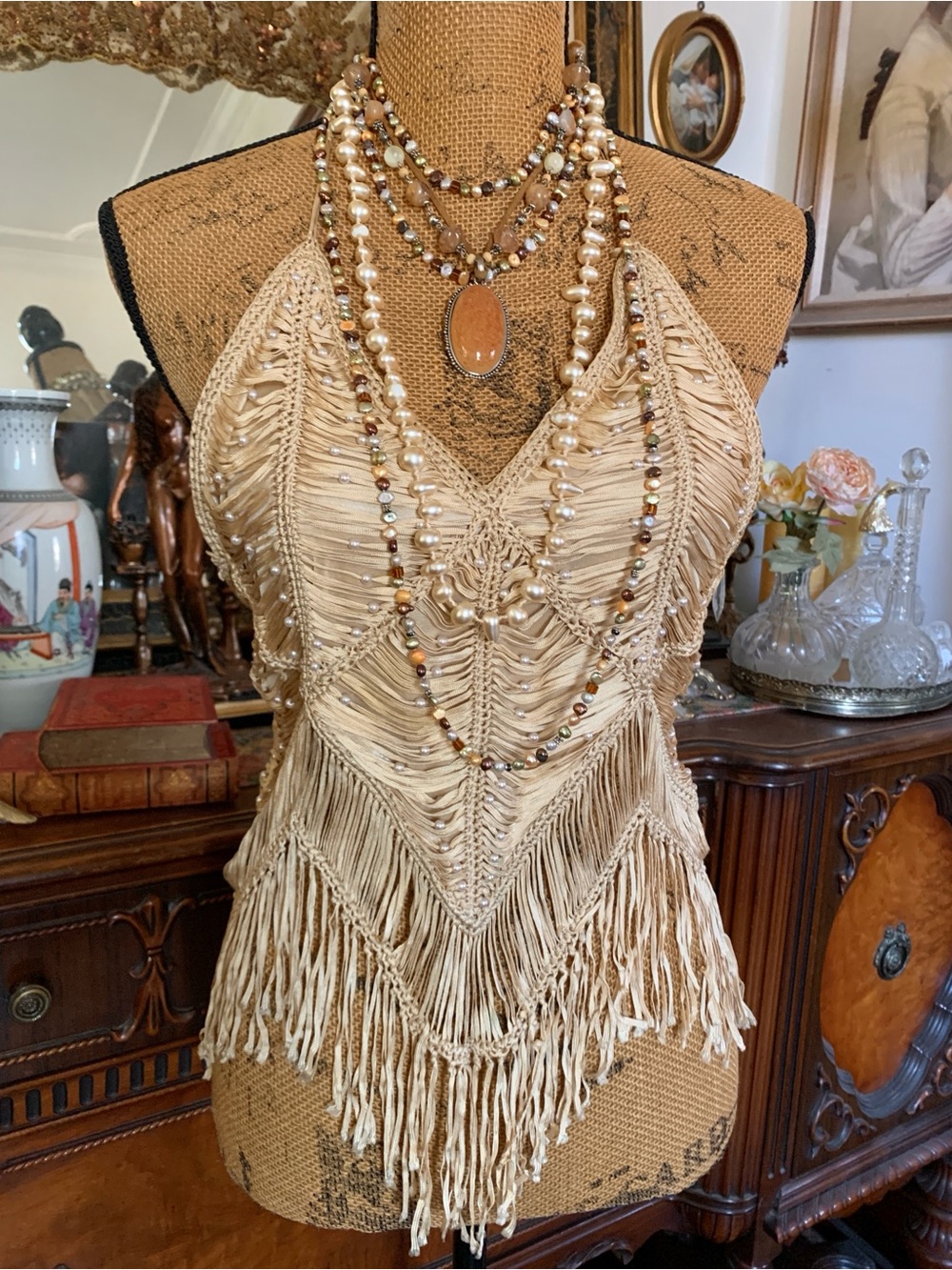 Vintage Tan Sexy Sultry Tribe Boho Tassel Fringe Bikini Tank Top Blouse